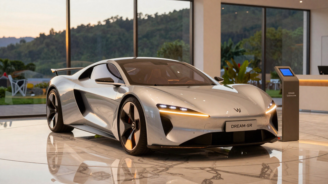 Carro desportivo elétrico cinza Dream-SR em exposição numa sala ampla com chão em mármore.