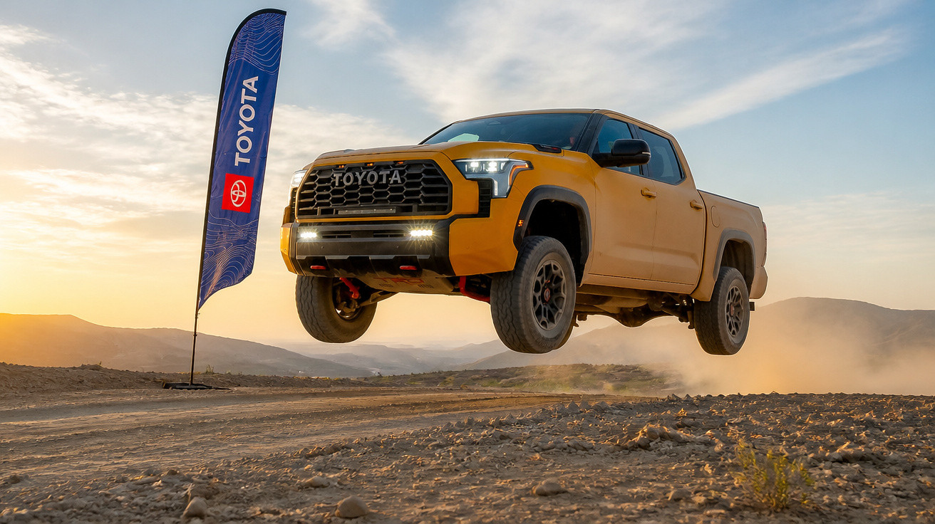 Pick-up Toyota amarela em voo baixo sobre terreno acidentado ao pôr do sol com bandeira Toyota ao lado.