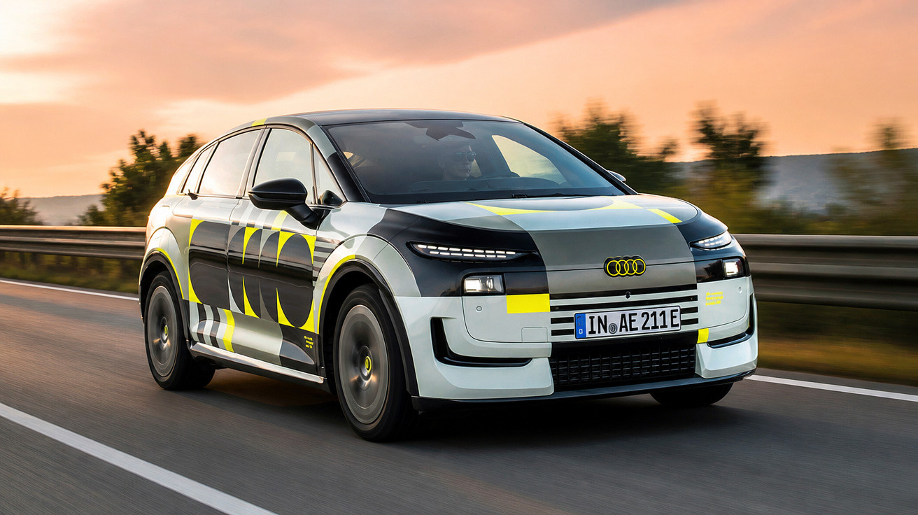 Carro elétrico Audi Q4 e-tron em em teste, circulando numa estrada com céu ao pôr do sol.