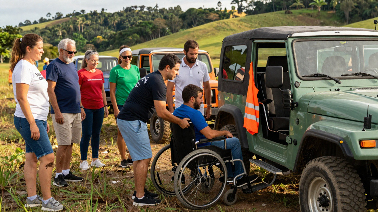 Grupo de pessoas em área rural, ajudando homem numa cadeira de rodas a entrar num jipe.