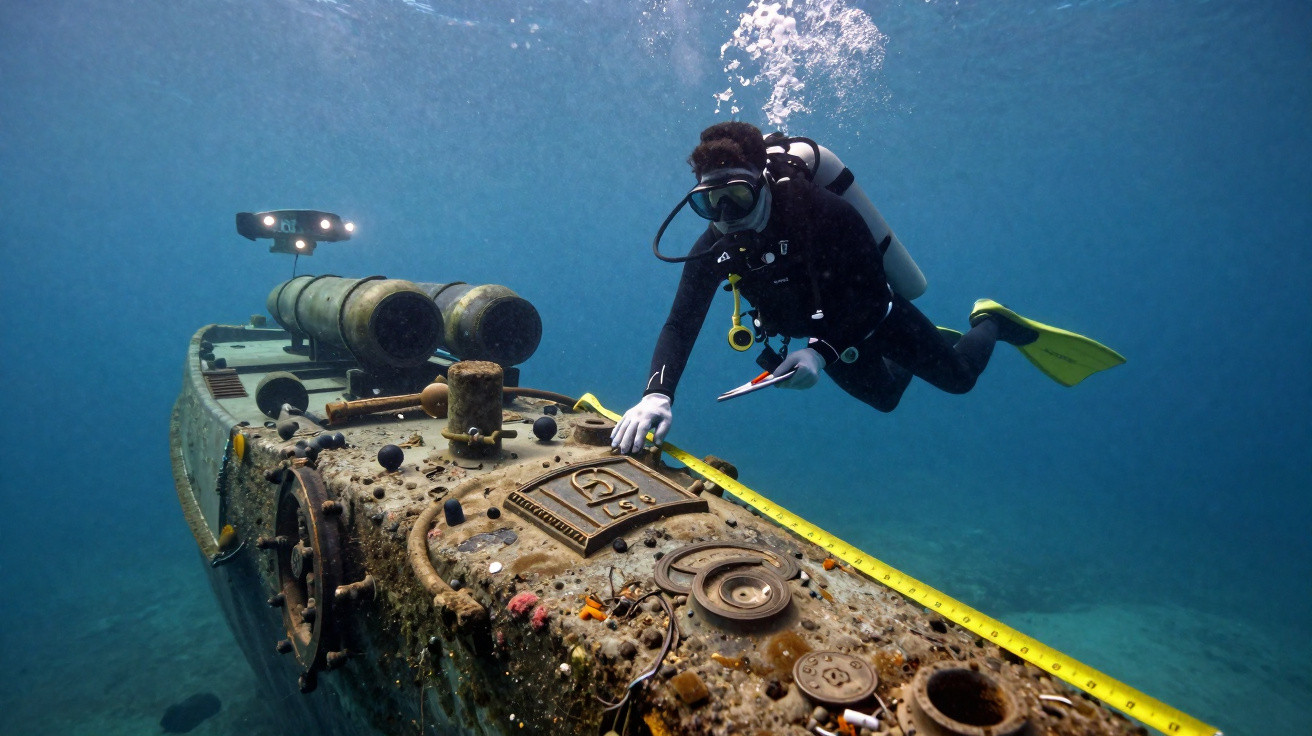 Mergulhador a examinar e medir um submarino antigo coberto de organismos marinhos no fundo do mar.