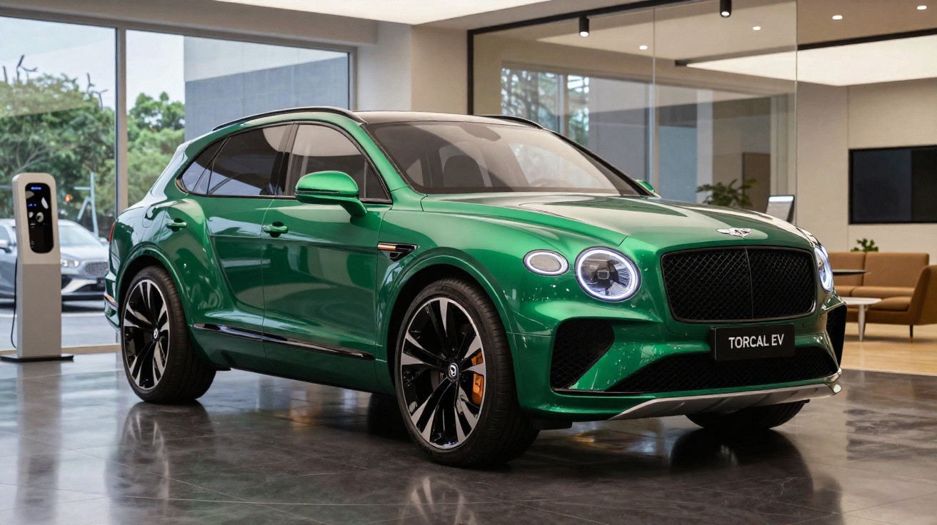 Carro elétrico verde Bentley Torcal EV estacionado em showroom com carregador elétrico ao lado.