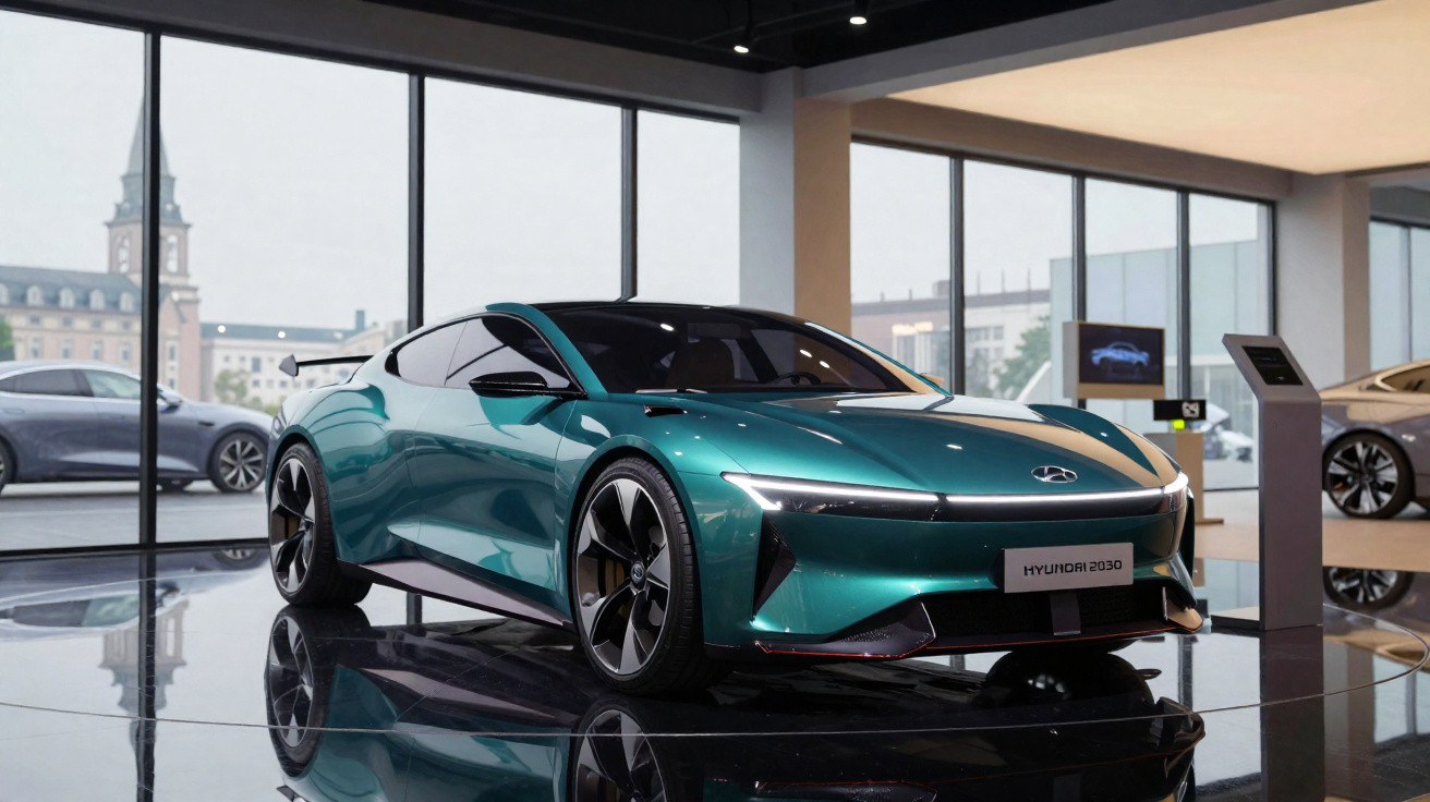 Carro elétrico desportivo Hyundai 2030 verde exposto numa sala moderna com janelas grandes e carros ao fundo.