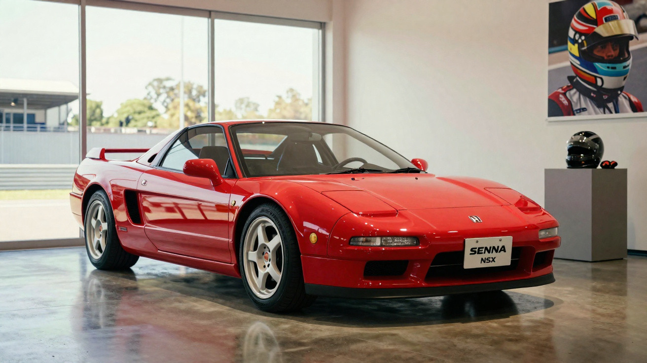 Carro desportivo vermelho Honda NSX Senna exposto em interior com decoração temática de corrida.
