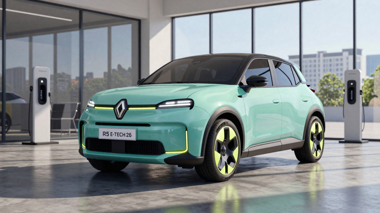 Carro elétrico Renault R5 E-Tech 26 verde água em garagem moderna com estações de carregamento.