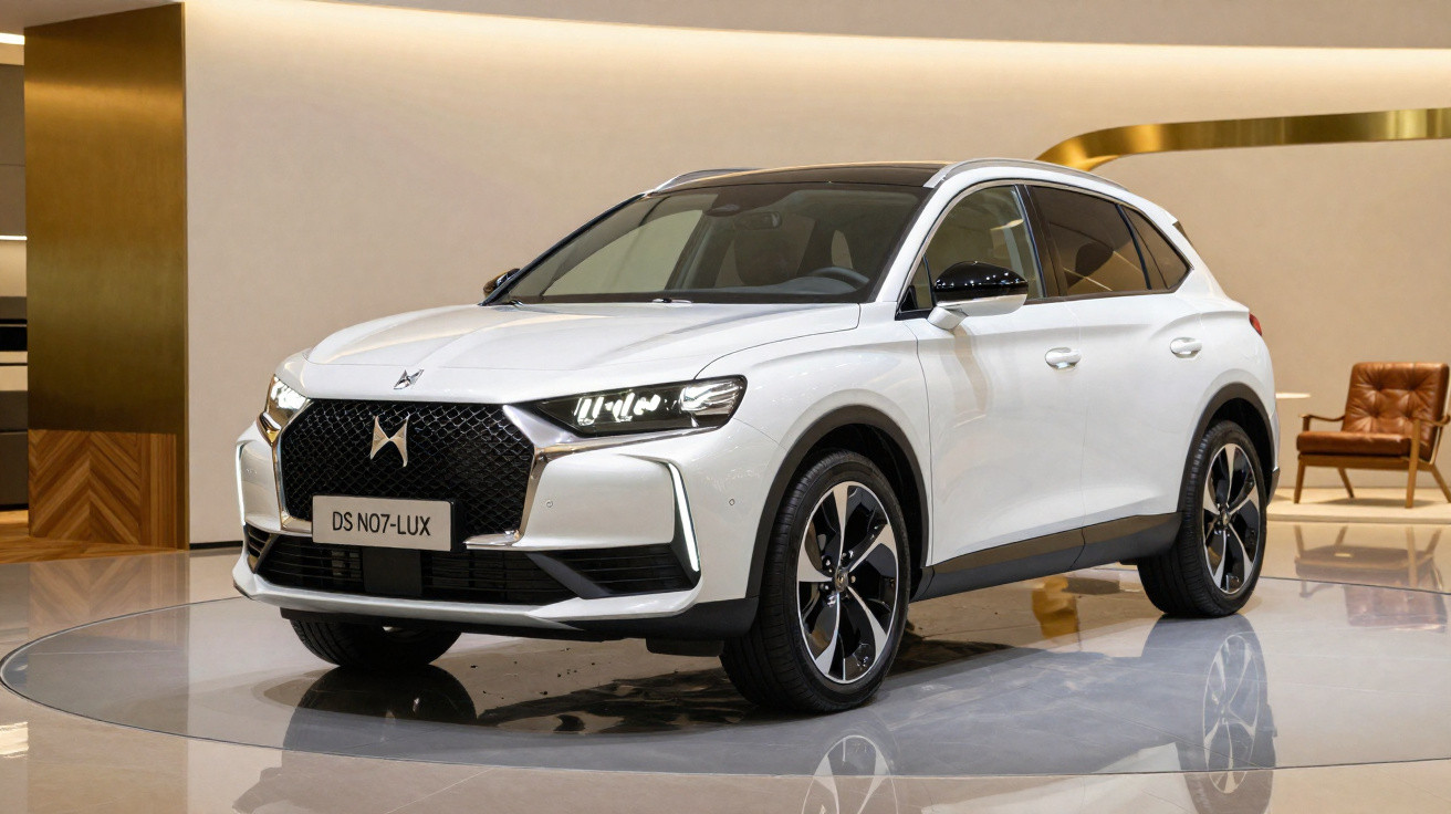 Carro SUV branco DS N07-LUX estacionado em interior moderno com cadeira castanha ao fundo.
