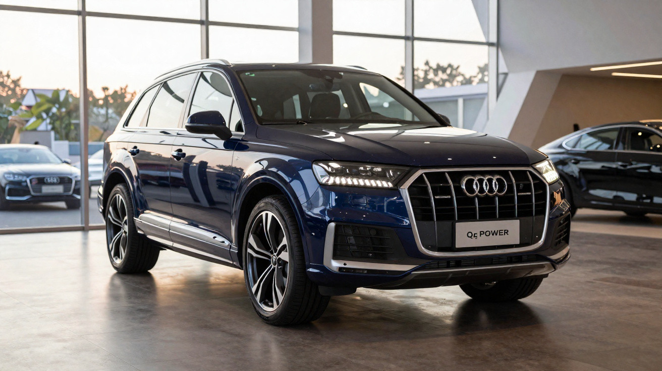 Audi Q5 Power azul exposto em showroom moderno com janelas amplas e outros carros ao fundo.