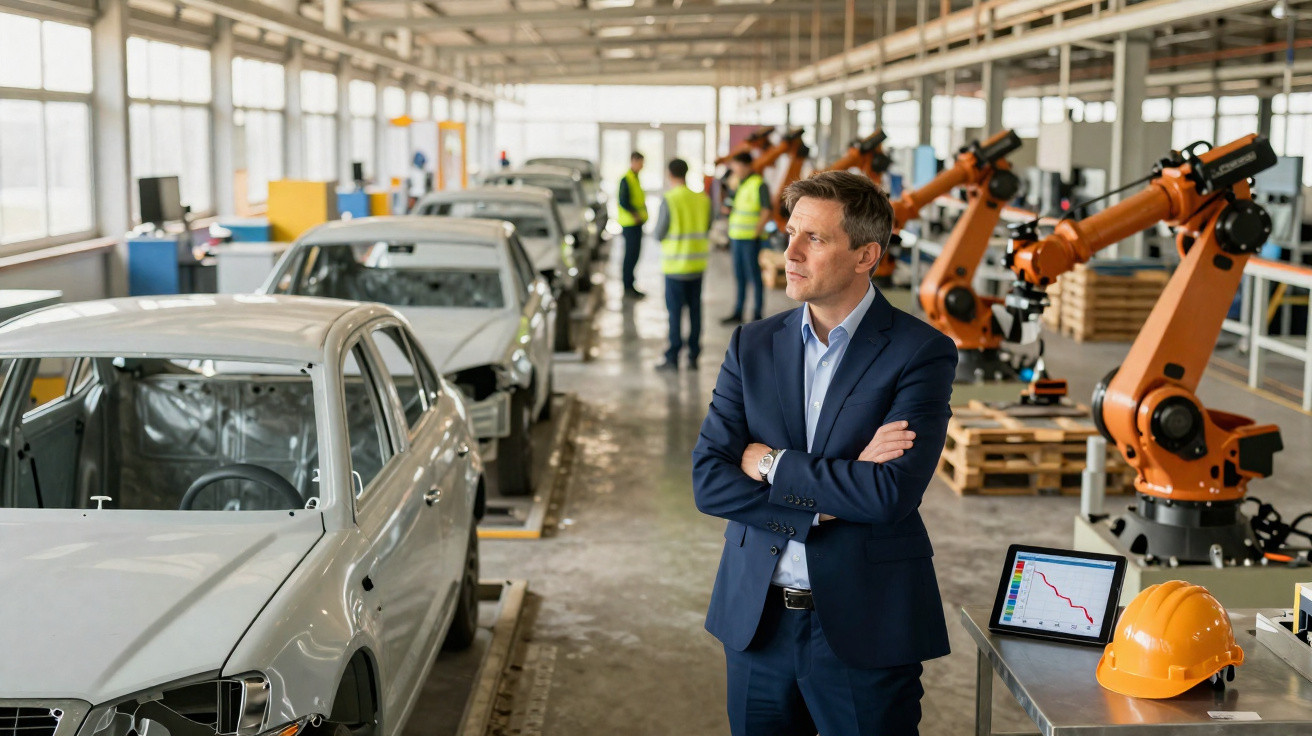 Homem de fato azul observa linha de montagem de carros numa fábrica com robôs industriais e trabalhadores ao fundo.