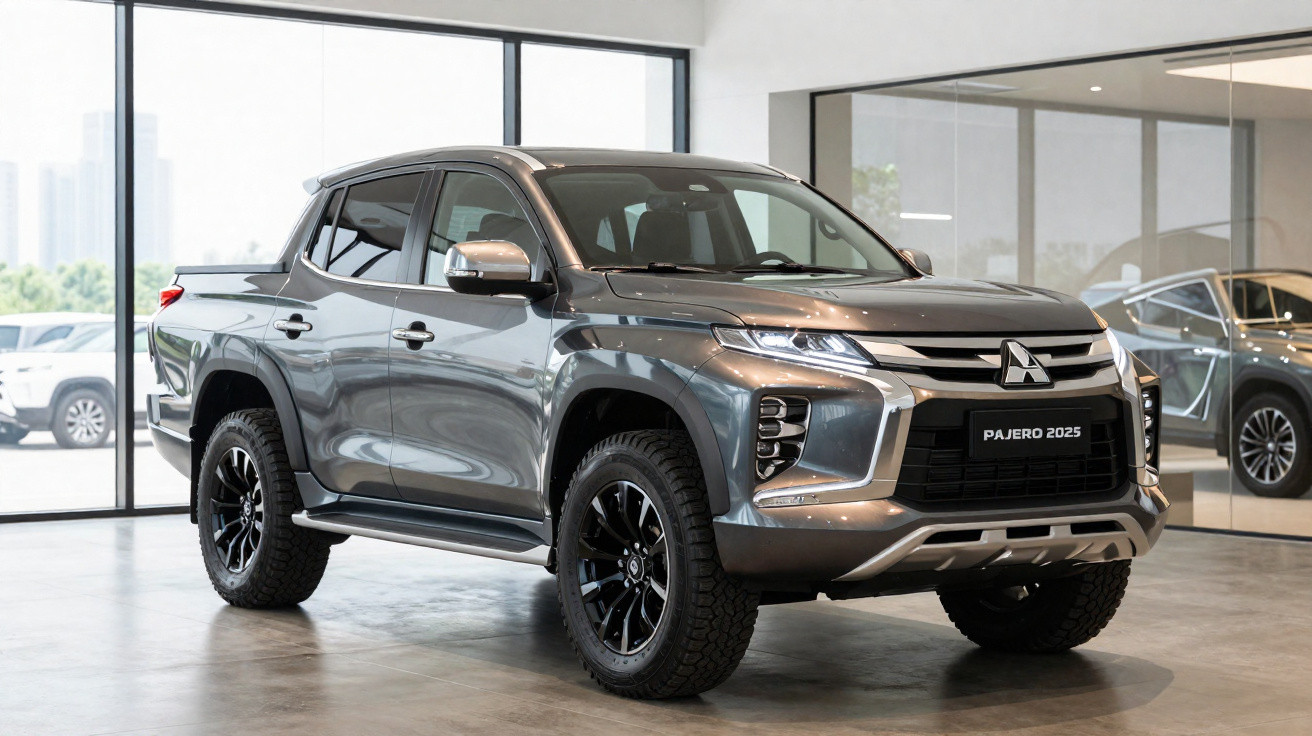 Mitsubishi Pajero 2025 cinzento estacionado em interior de showroom moderno.