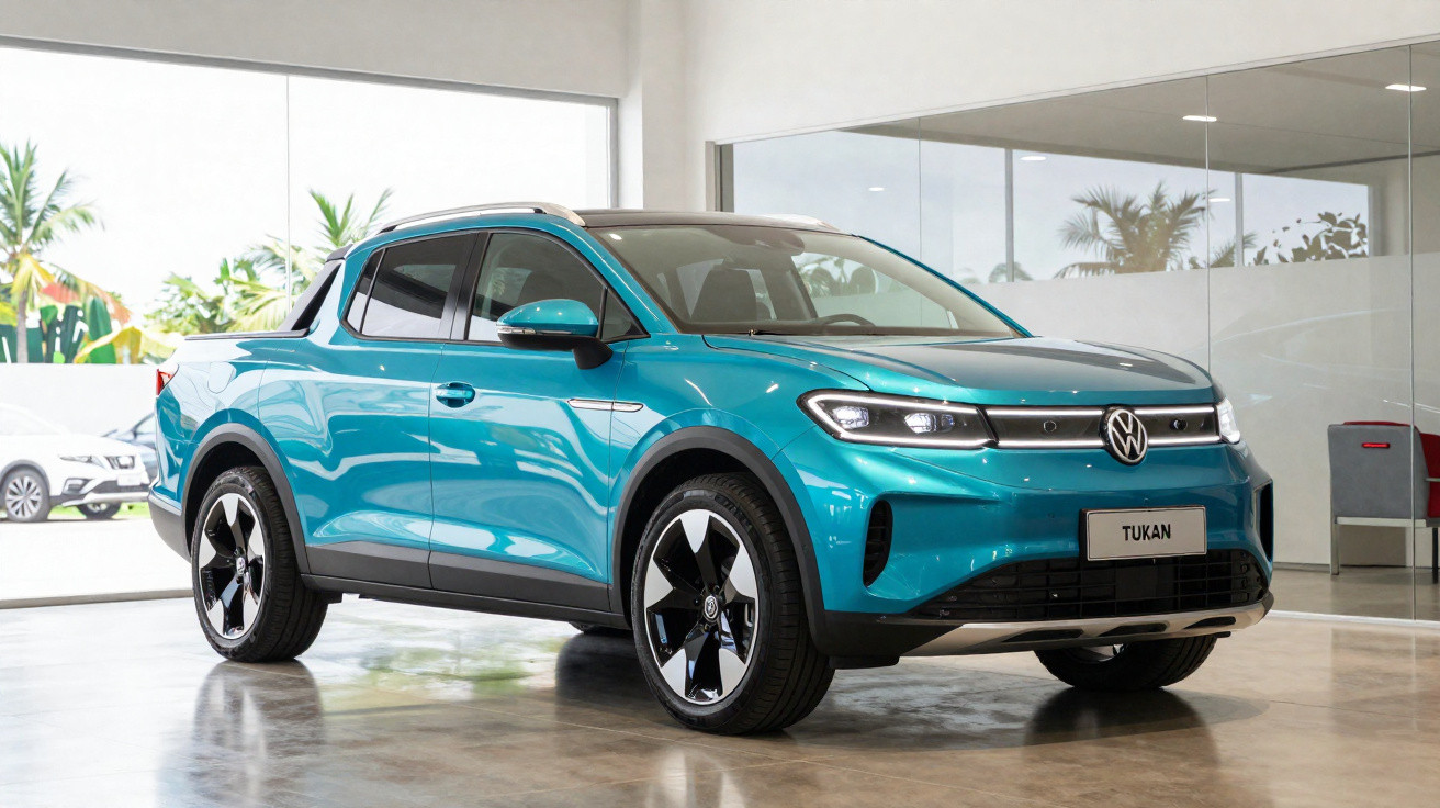 Carro Volkswagen Tukan elétrico azul em showroom com roda preta e detalhes em preto.
