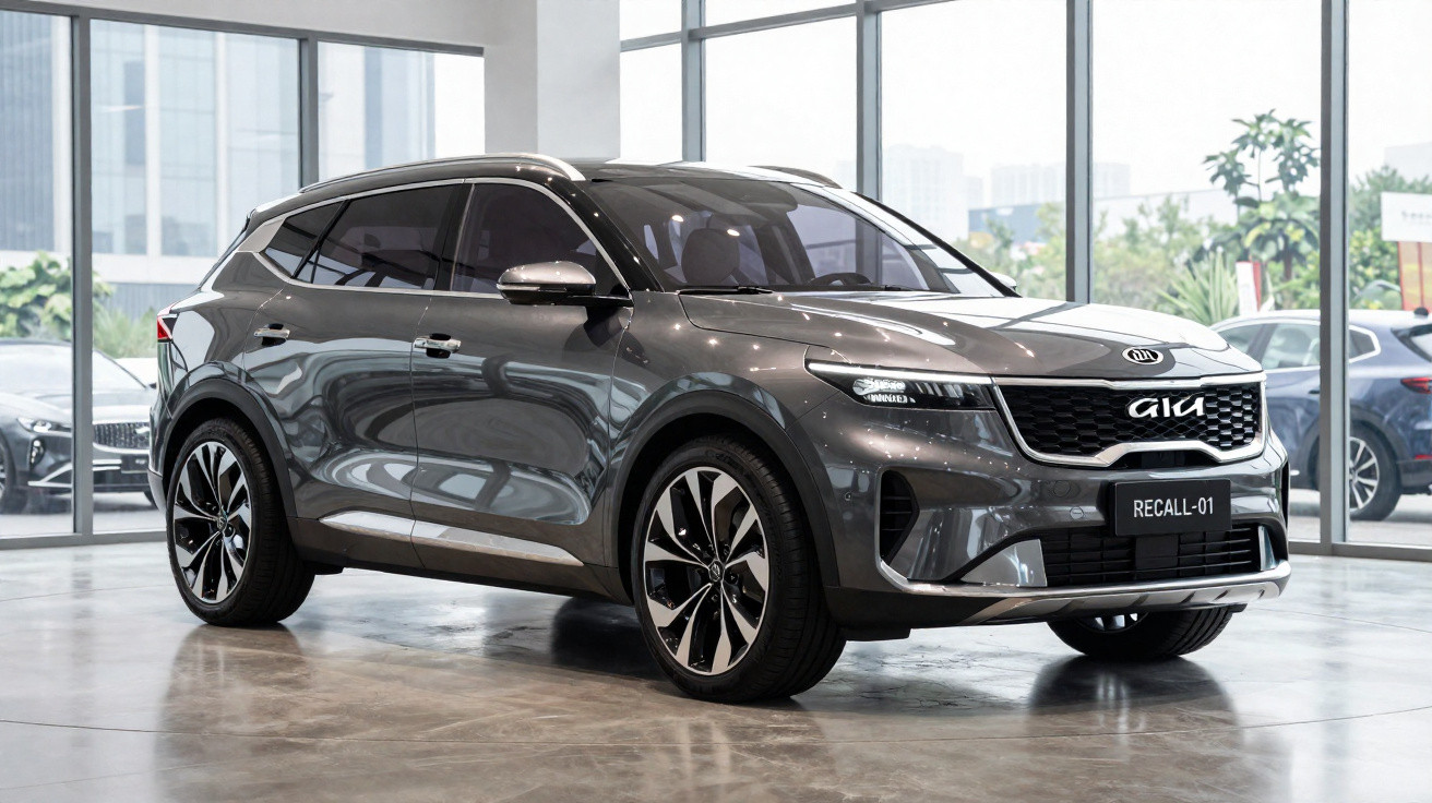 Carro SUV moderno cinzento Kia Recall-01 estacionado em showroom com janelas grandes e luz natural.