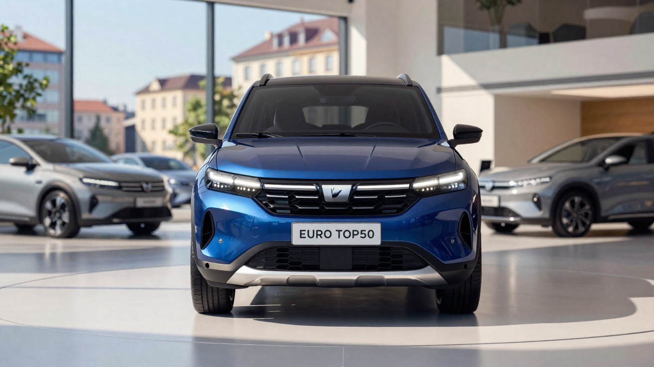 Carro elétrico azul em destaque numa exposição, com placa "EURO TOP50" e outros veículos ao fundo.