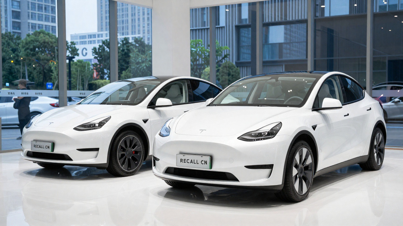 Dois carros elétricos Tesla brancos em exposição num showroom moderno com grandes janelas.