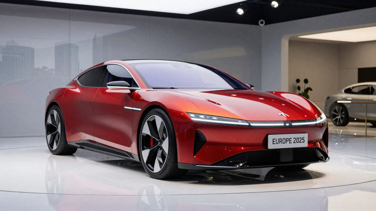 Carro desportivo elétrico vermelho com design futurista exposto em salão automóvel.