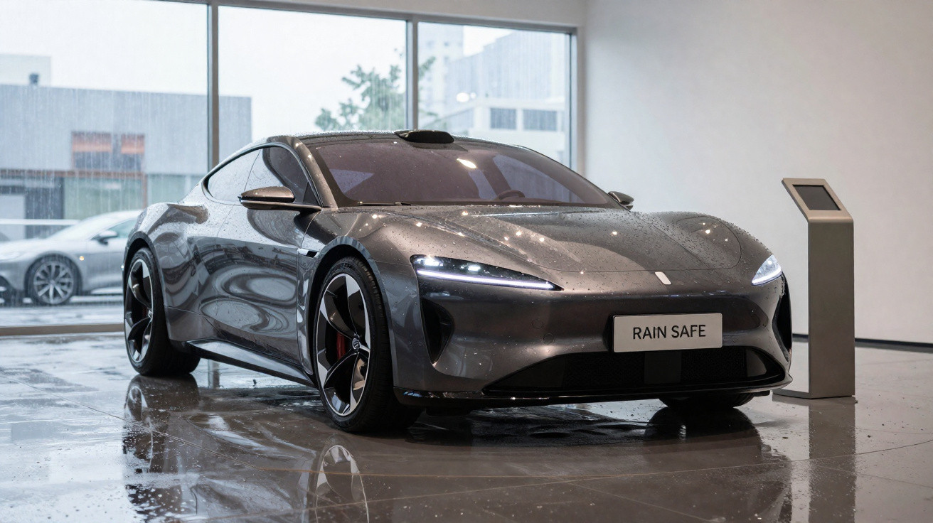 Carro desportivo elétrico cinzento brilhante com gotas de água em exposição numa sala moderna com chão molhado.