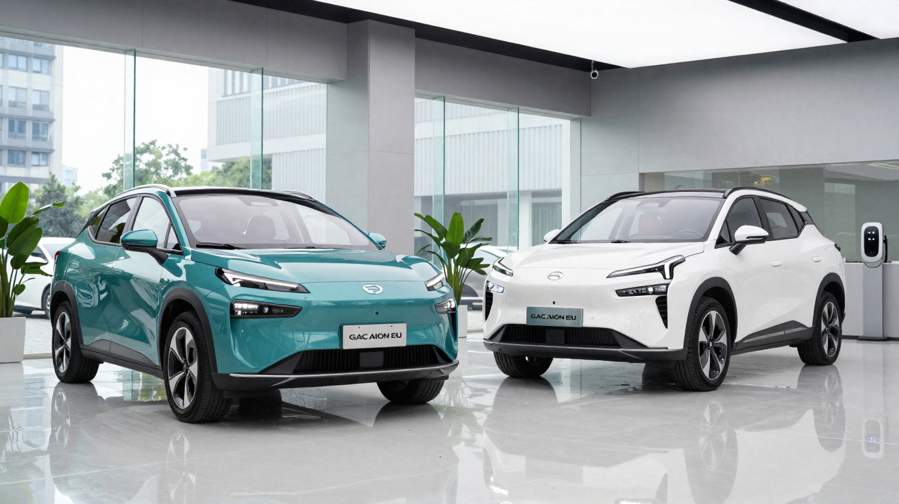 Dois SUV elétricos GAC Aion EU, um azul e um branco, expostos num showroom moderno e luminoso.