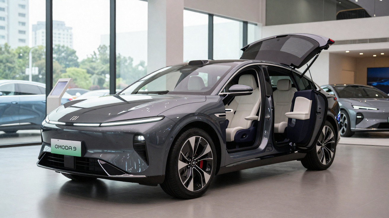 Carro elétrico cinzento Omoda 9 com portas abertas e interior claro numa sala de exposição moderna.
