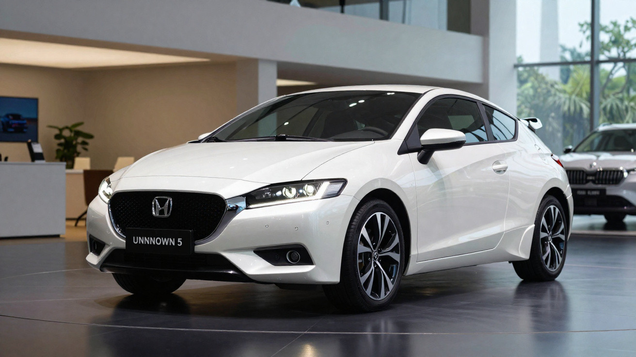 Carro desportivo branco Honda Unknown 5 exibido numa sala de exposição moderna com janelas grandes.