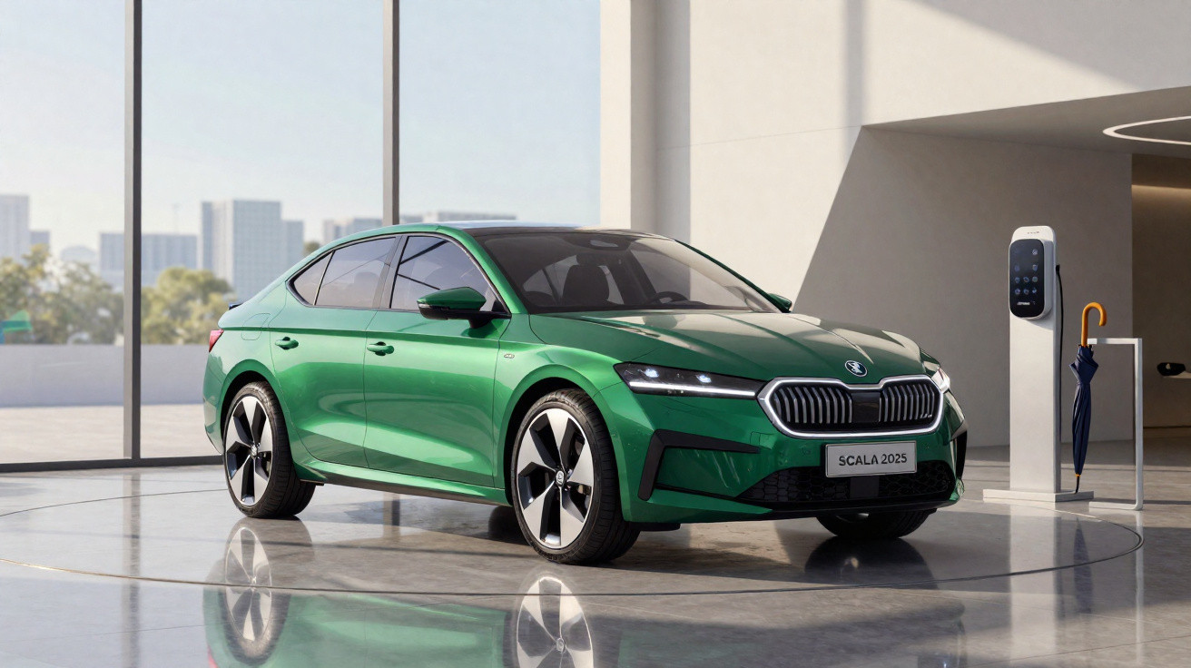 Carro elétrico verde Škoda Scala 2025 estacionado em sala moderna com chão refletor e painel de carregamento.