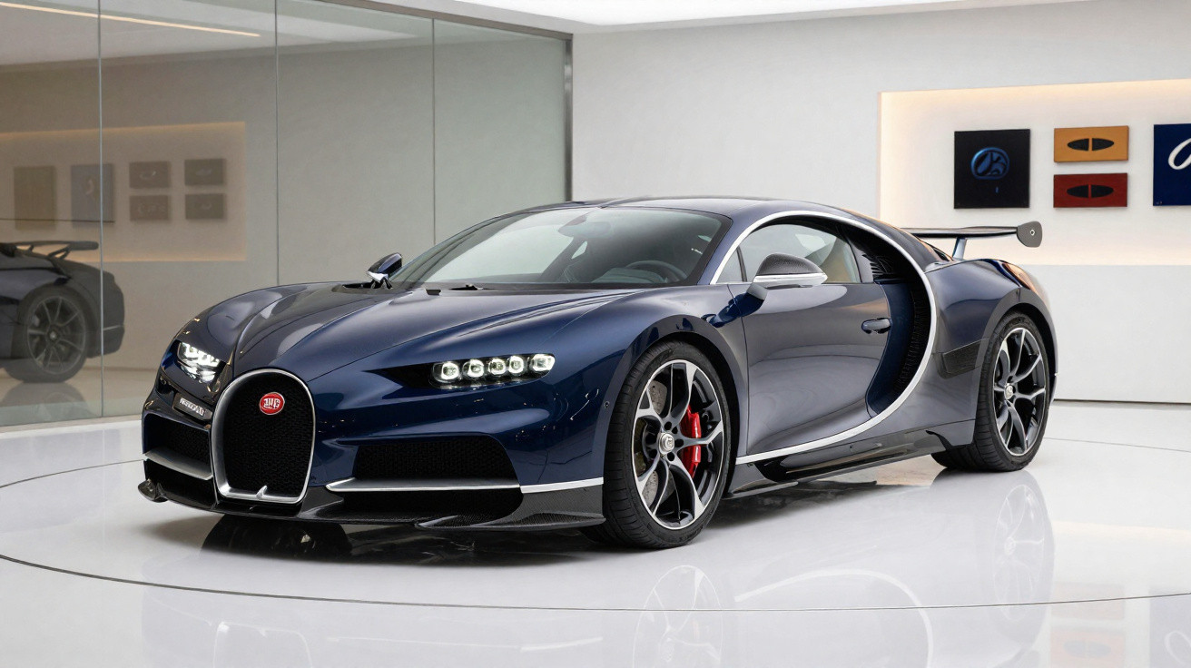 Carro desportivo Bugatti Chiron azul escuro exposto numa sala moderna com chão branco e paredes claras.
