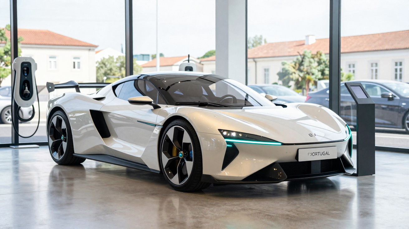 Carro desportivo elétrico branco exibido num showroom moderno com carregadores de veículos ao fundo.
