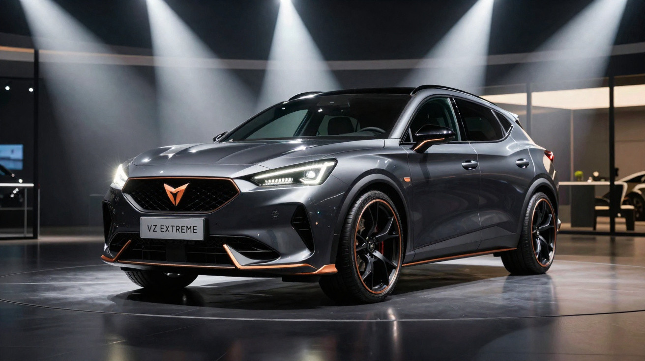 Carro desportivo cinzento escuro Cupra VZ Extreme estacionado em espaço interior iluminado por luzes focais.