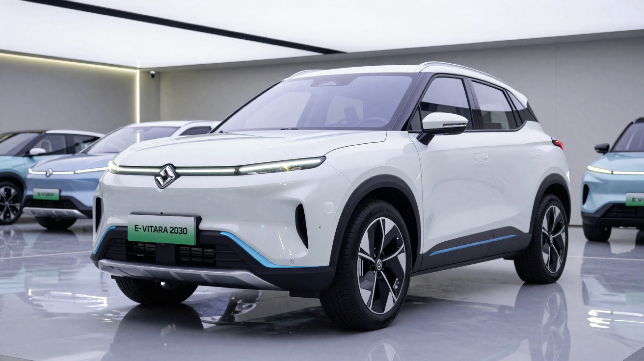 Carro elétrico branco Suzuki E-Vitara 2030 apresentado num salão moderno e luminoso.