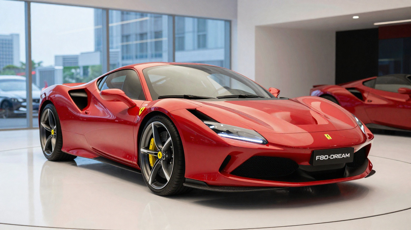 Ferrari desportiva vermelha estacionada num espaço interior moderno e luminoso.