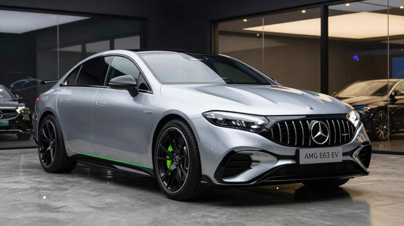 Carro desportivo eléctrico Mercedes AMG E63 EV prata estacionado em interior moderno com jantes pretas e detalhes verdes.