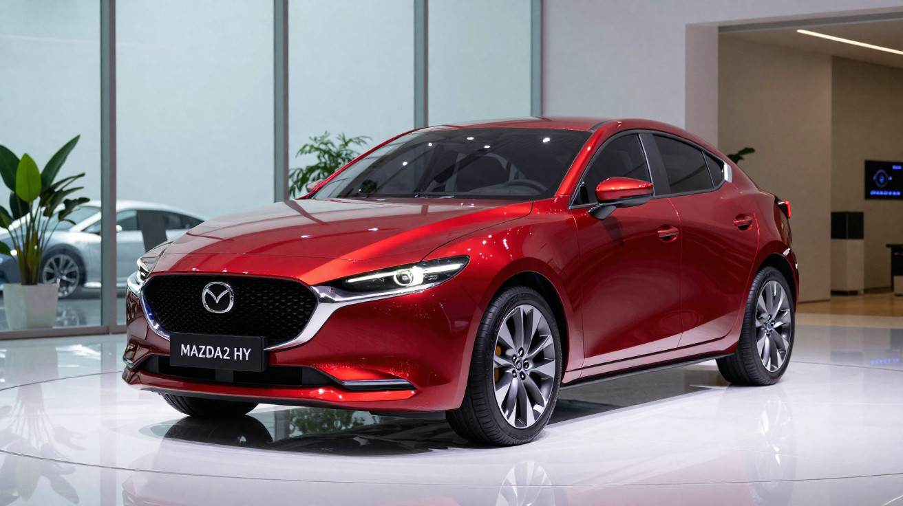 Carro Mazda2 HY vermelho em exposição, em ambiente moderno com chão branco brilhante e plantas decorativas.