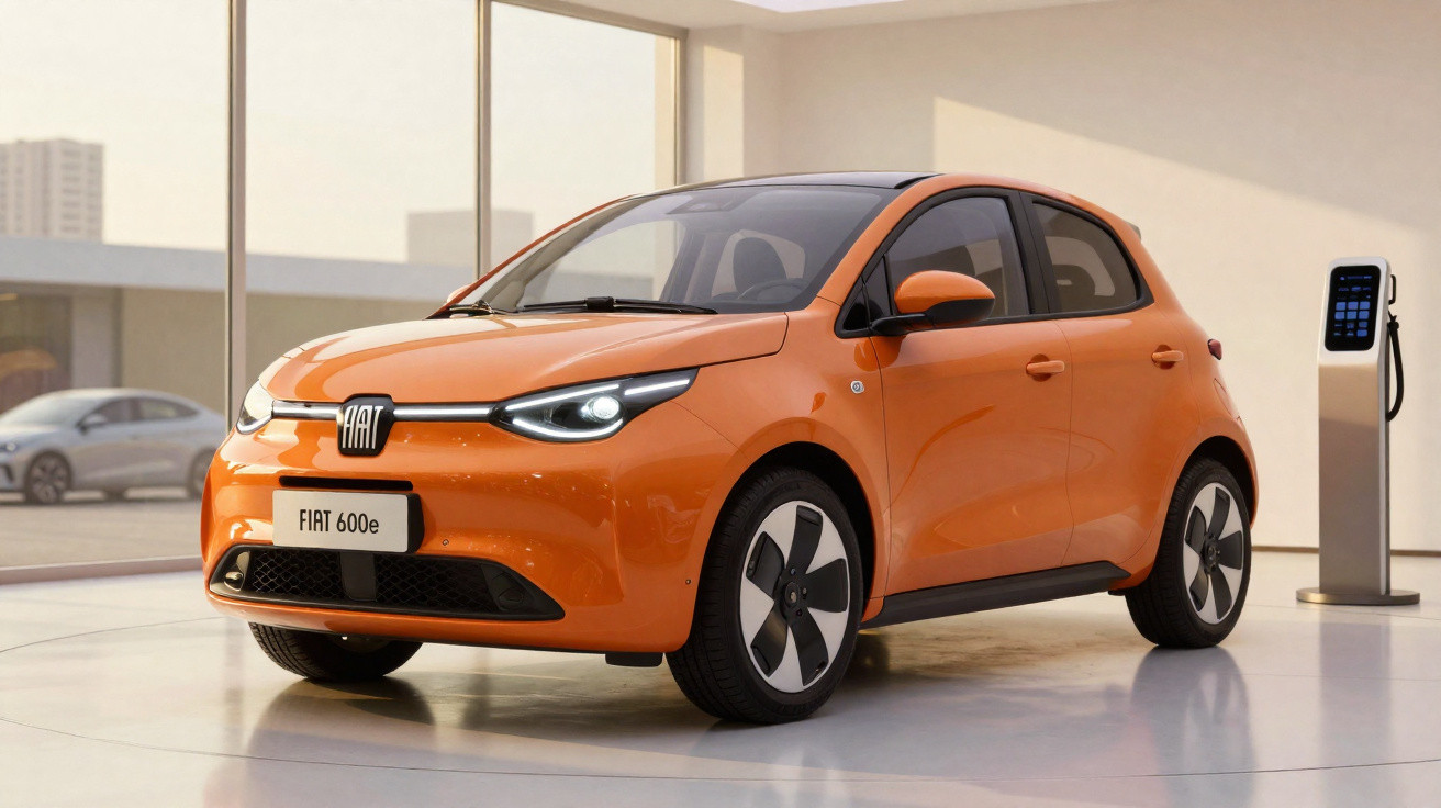 Carro elétrico Fiat 600e laranja estacionado junto a posto de carregamento num espaço moderno e iluminado.