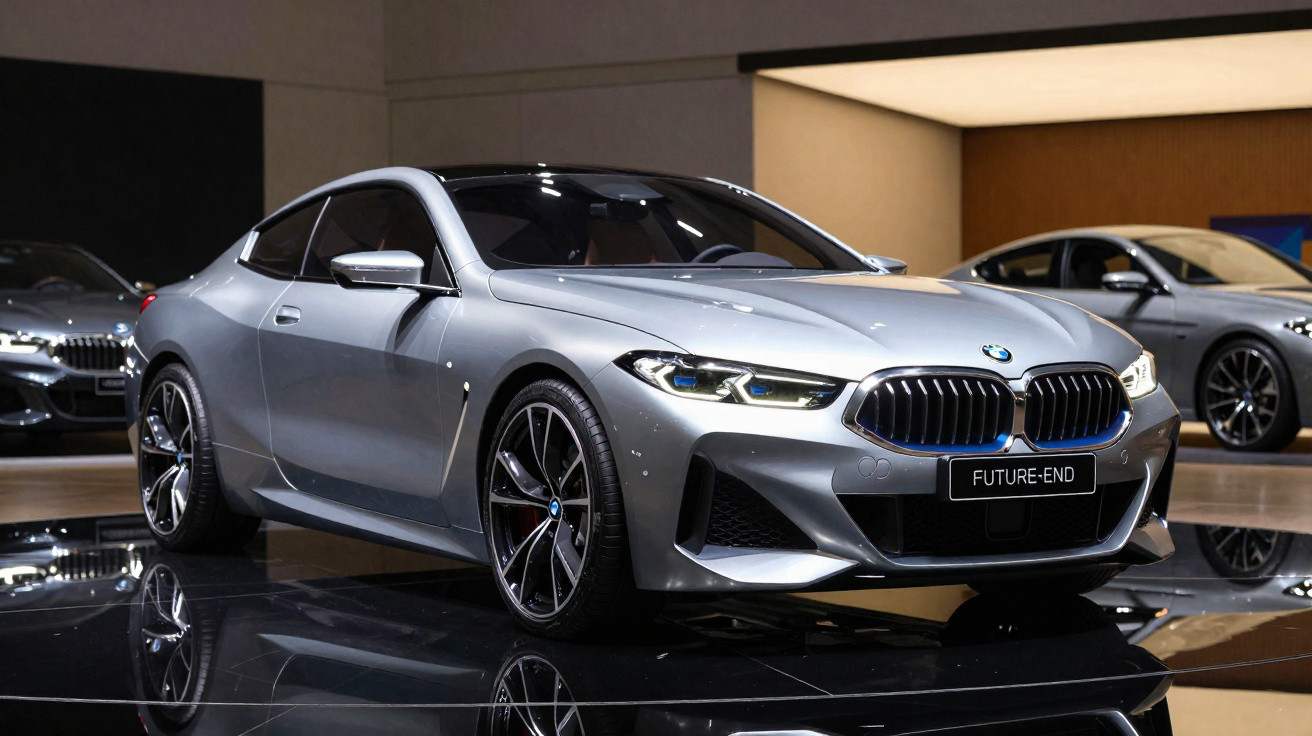 Carro desportivo BMW cinza metálico em exposição num salão moderno.
