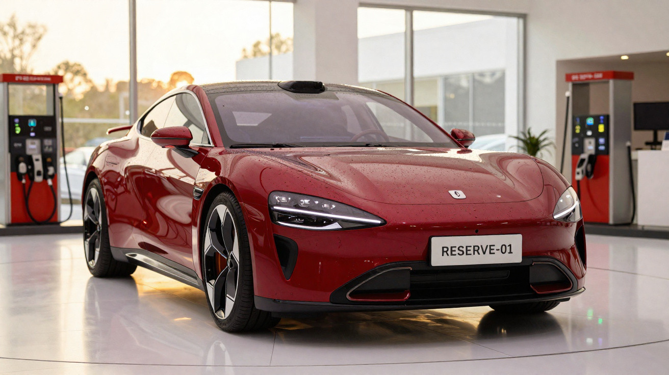 Carro desportivo elétrico vermelho estacionado numa garagem moderna com luminosidade natural.