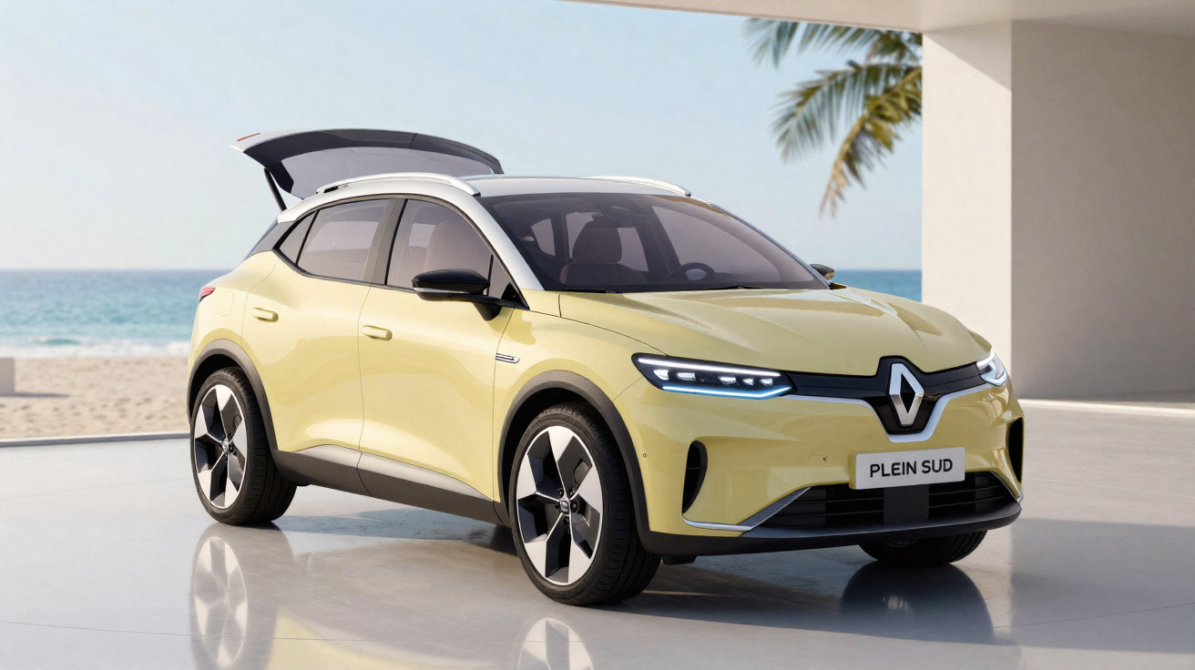 Carro elétrico Renault amarelo claro estacionado com porta da mala traseira aberta junto à praia.