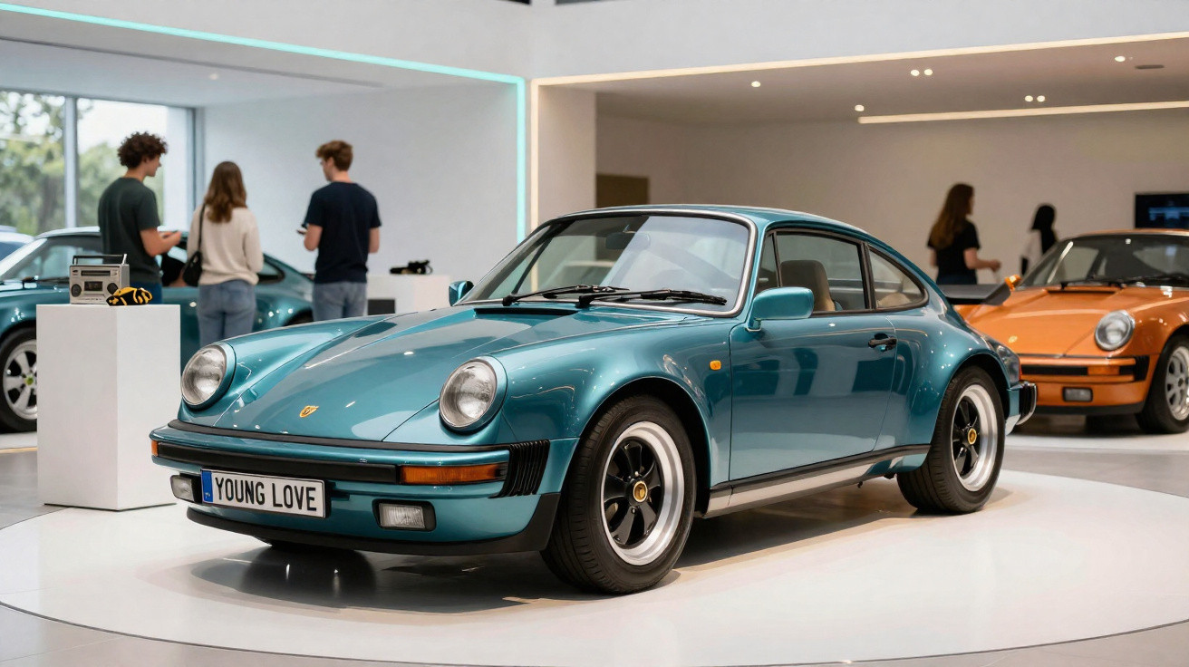 Carro clássico desportivo azul exibido num salão com mais carros e pessoas ao fundo.