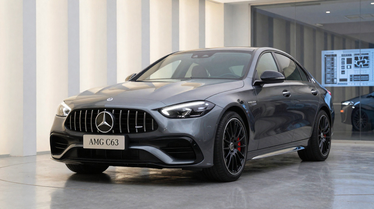 Mercedes-Benz AMG C63 cinza estacionado em garagem moderna com jantes pretas e travões vermelhos.