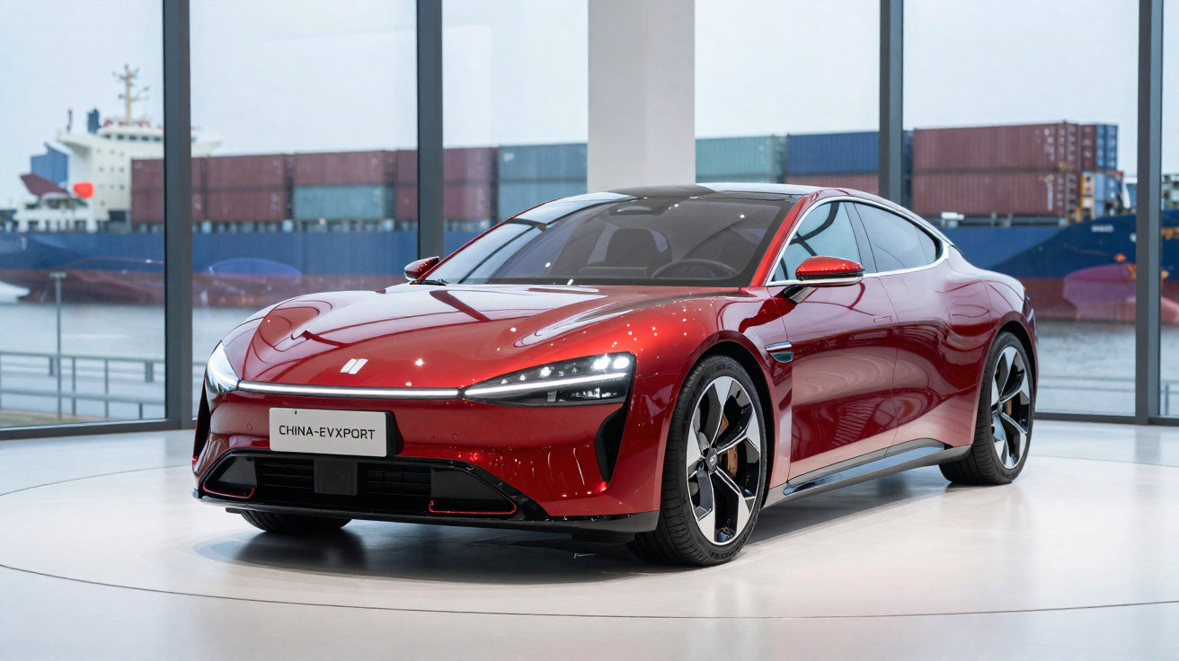 Carro elétrico desportivo vermelho em exposição com contentores e navios visíveis através das janelas.