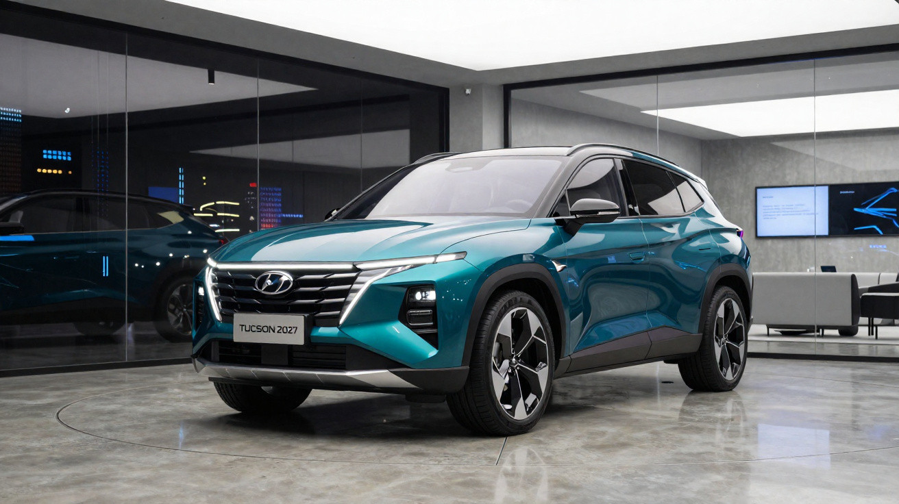 Carro SUV Hyundai Tucson 2027 azul exposto em sala moderna com chão de cimento polido e paredes de vidro.