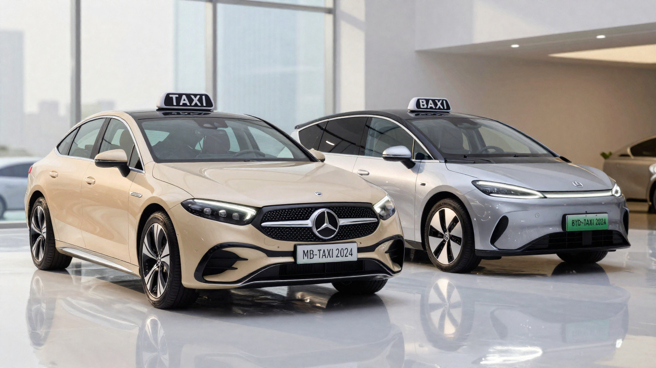 Dois táxis elétricos Mercedes-Benz exibidos numa sala moderna, um bege e outro prateado, ambos com placas 2024.