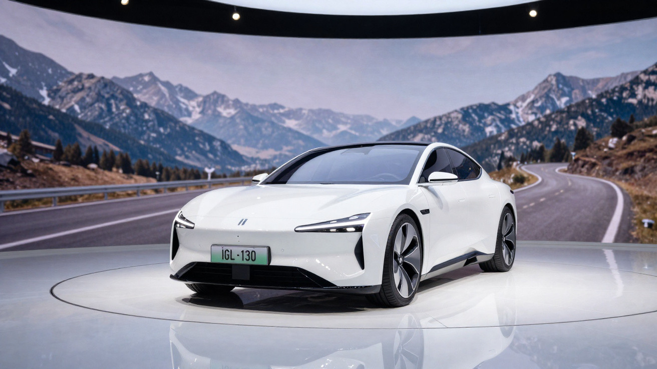 Carro elétrico branco exposto com cenário de montanha e estrada sinuosa ao fundo.