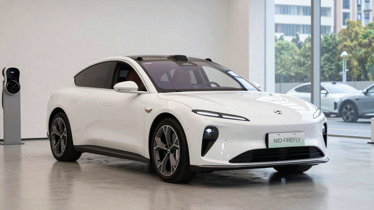 Carro elétrico branco NIO-FIREFLY estacionado numa sala moderna com estação de carregamento ao lado.