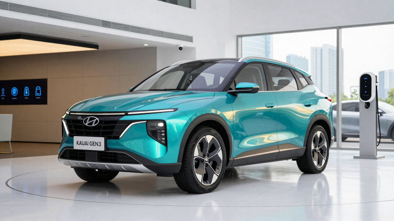 Carro elétrico Hyundai Kauai Gen3 azul exposto numa sala moderna com estação de carregamento à direita.