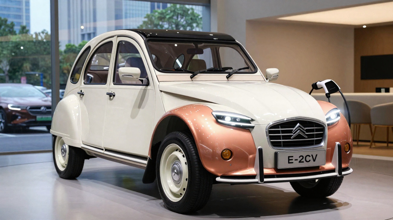 Automóvel elétrico Citroën E-2CV branco e cobre em exposição numa sala moderna.