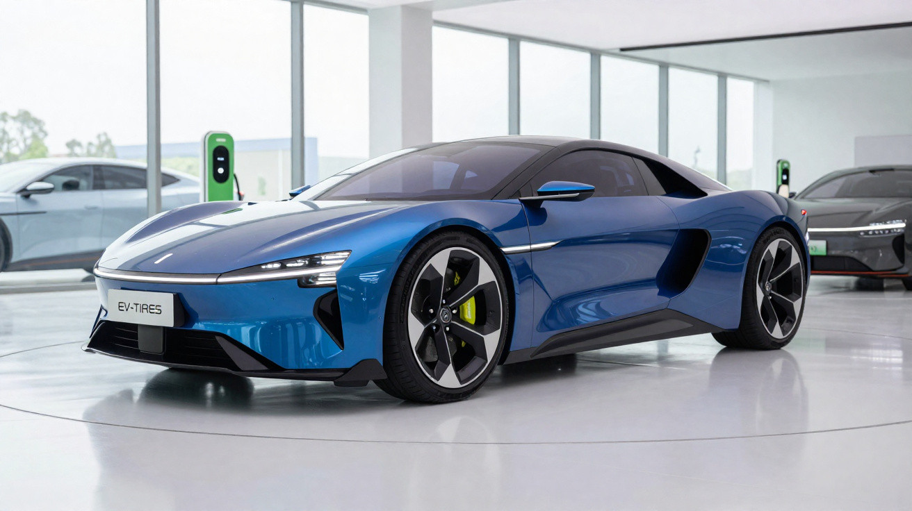 Carro desportivo azul eletrico moderno estacionado em sala com carros e carregadores elétricos ao fundo.
