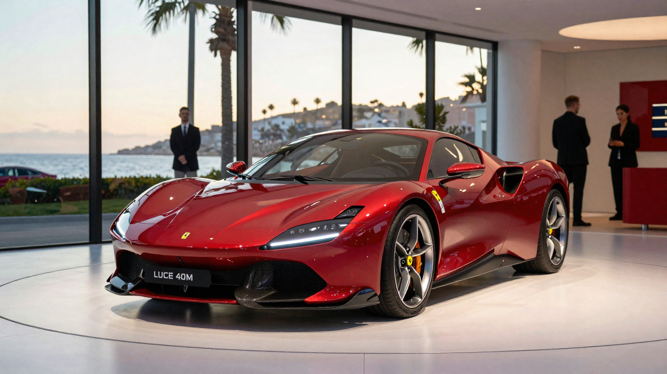Ferrari vermelha desportiva em exposição numa sala moderna com janelas grandes e vista para o mar.