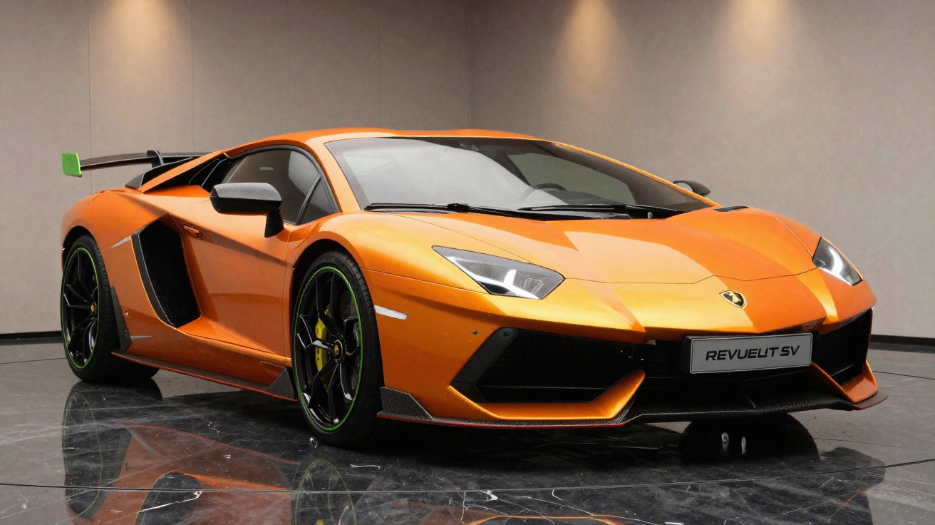 Carro desportivo Lamborghini laranja brilhante estacionado em chão de mármore preto refletor.