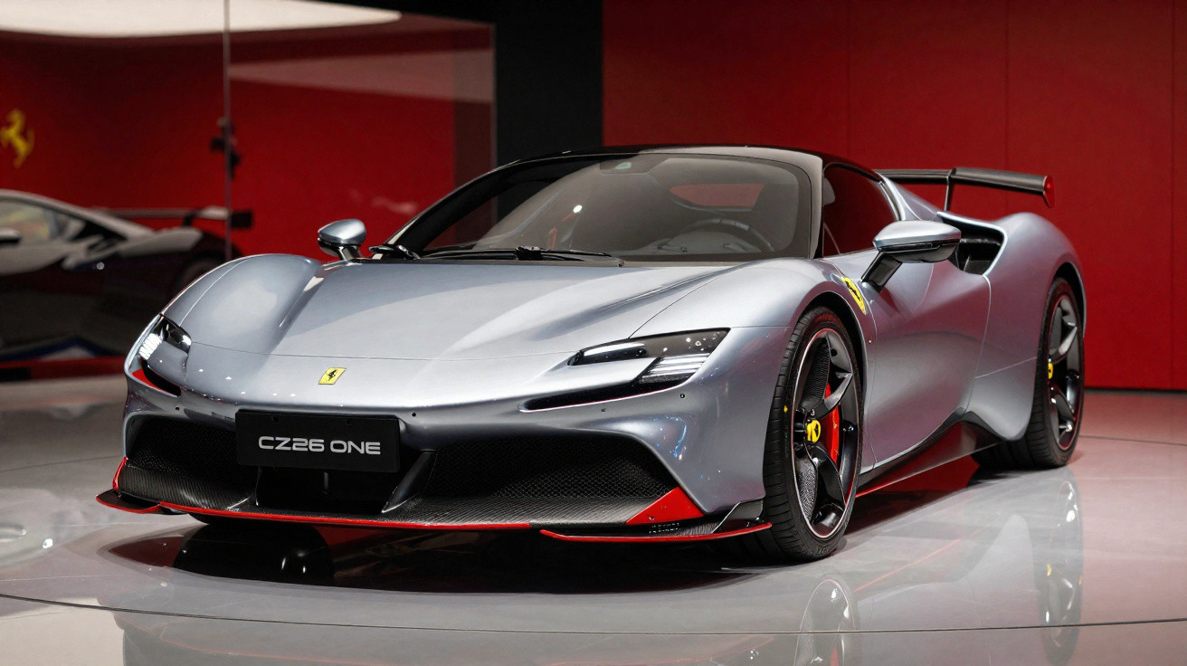 Carro desportivo Ferrari cinzento com detalhes vermelhos em exposição num salão com paredes vermelhas.