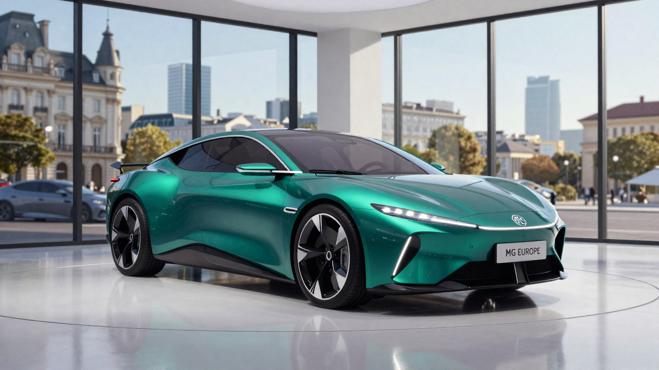 Carro elétrico esportivo verde metalizado em exposição dentro de showroom com grandes janelas panorâmicas.