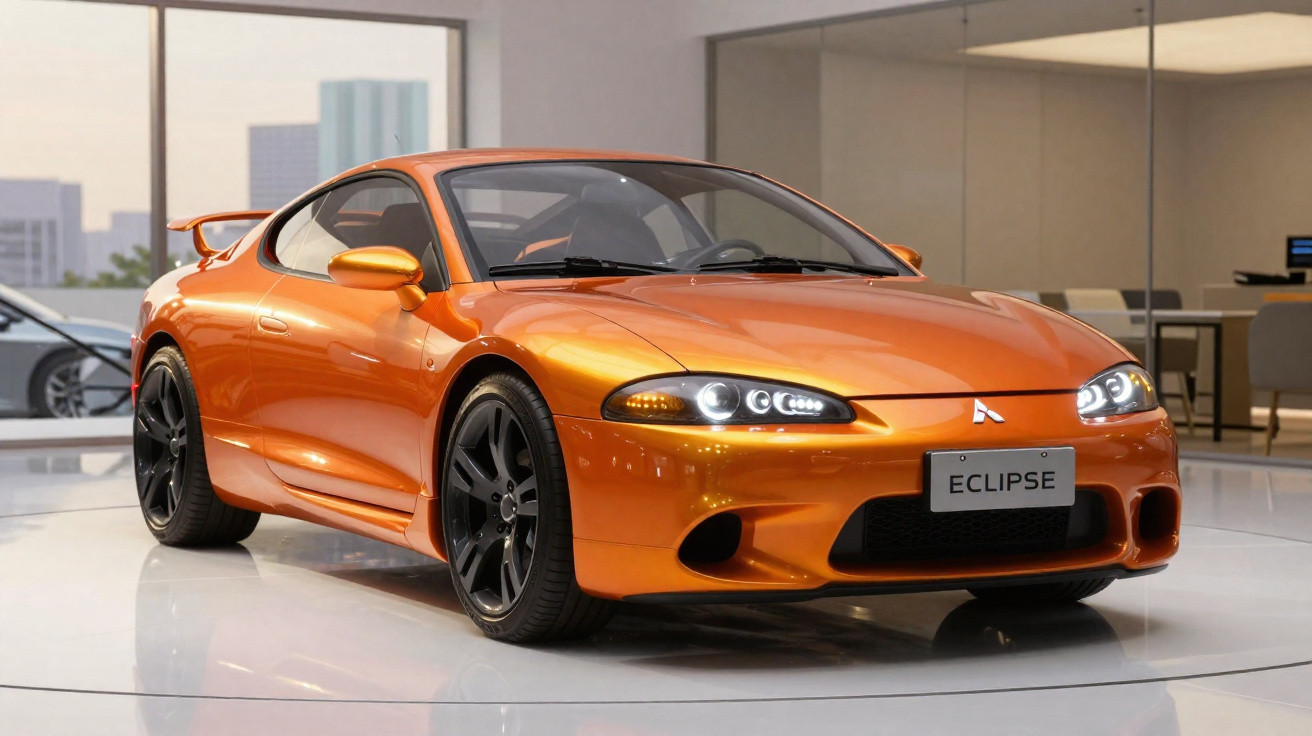 Carro desportivo Mitsubishi Eclipse laranja brilhante em exposição interior moderna.