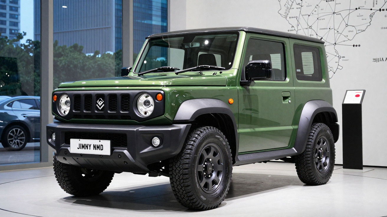 Carro verde Jimny NMD estacionado em exposição interior com pneus off-road e design compacto.